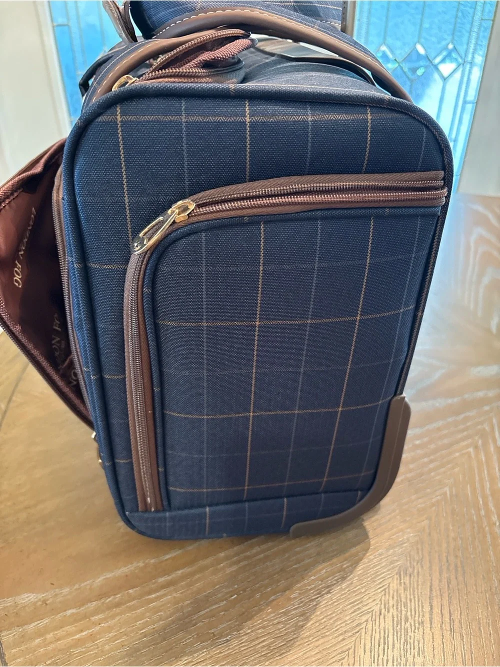 London Fog Navy Plaid Rolling Carry-On Brief